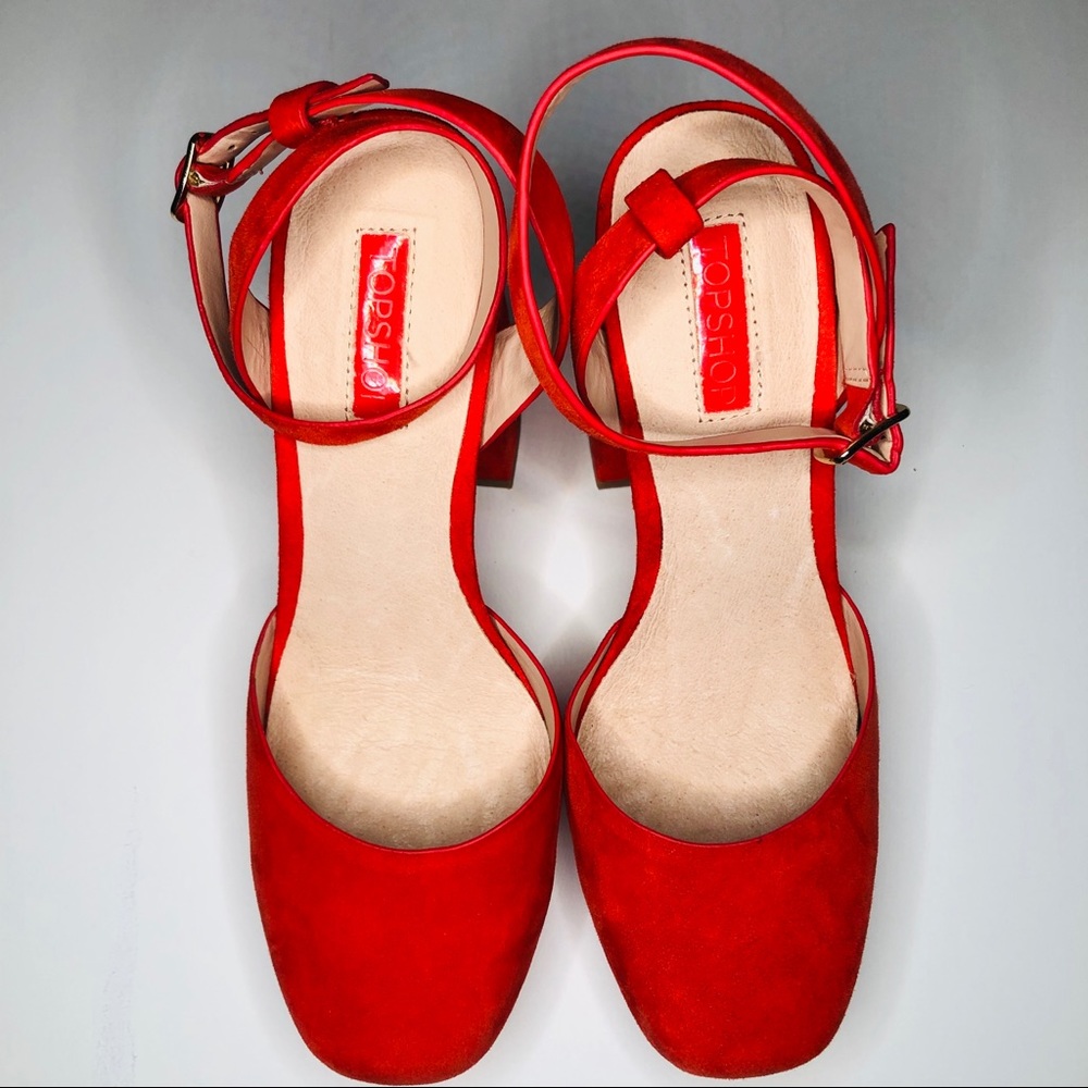 TopShop Suede Red Scarlet Chunky Platform Heels - Picture 13 of 13